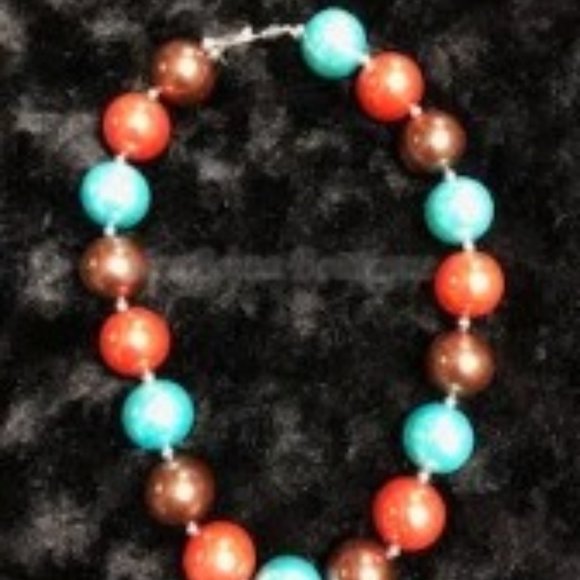 Brown, Rust & Aqua Chunky Bead Necklace HAND CRAFTED